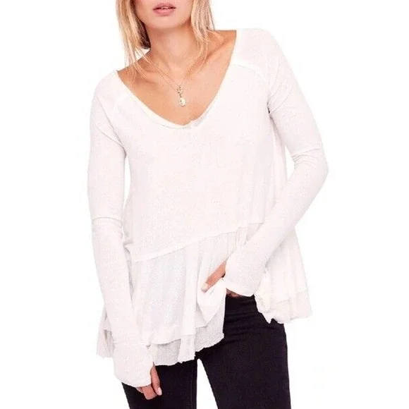 Free People We The Free •XS• Tangerine Thumbhole Flared Hem Distressed Pink Top - Picture 3 of 9